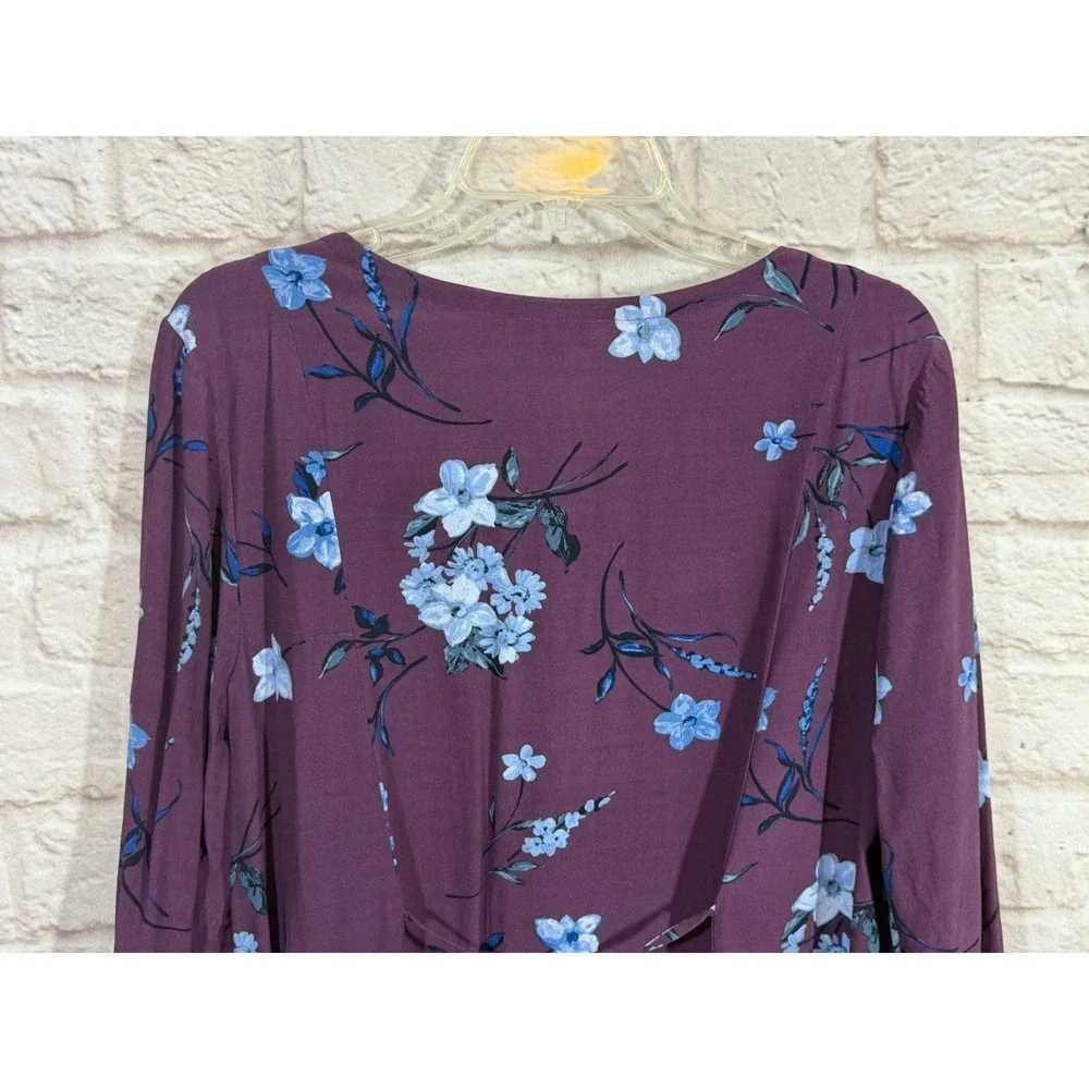 J‎ Jill Blouse Top 1X Purple Floral Rayon Button Up 3/4 Sleeve Back Tie